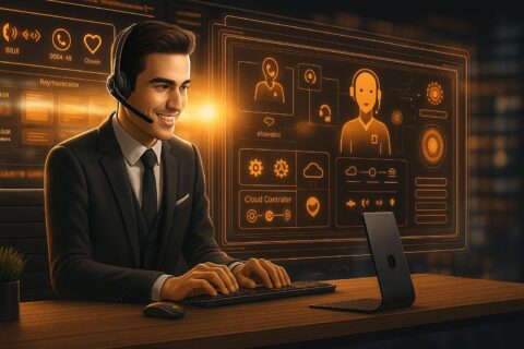 Agente de contact center atendiendo a un cliente con tecnología omnicanal y pantallas digitales, en un entorno corporativo con tonos naranja y negro.