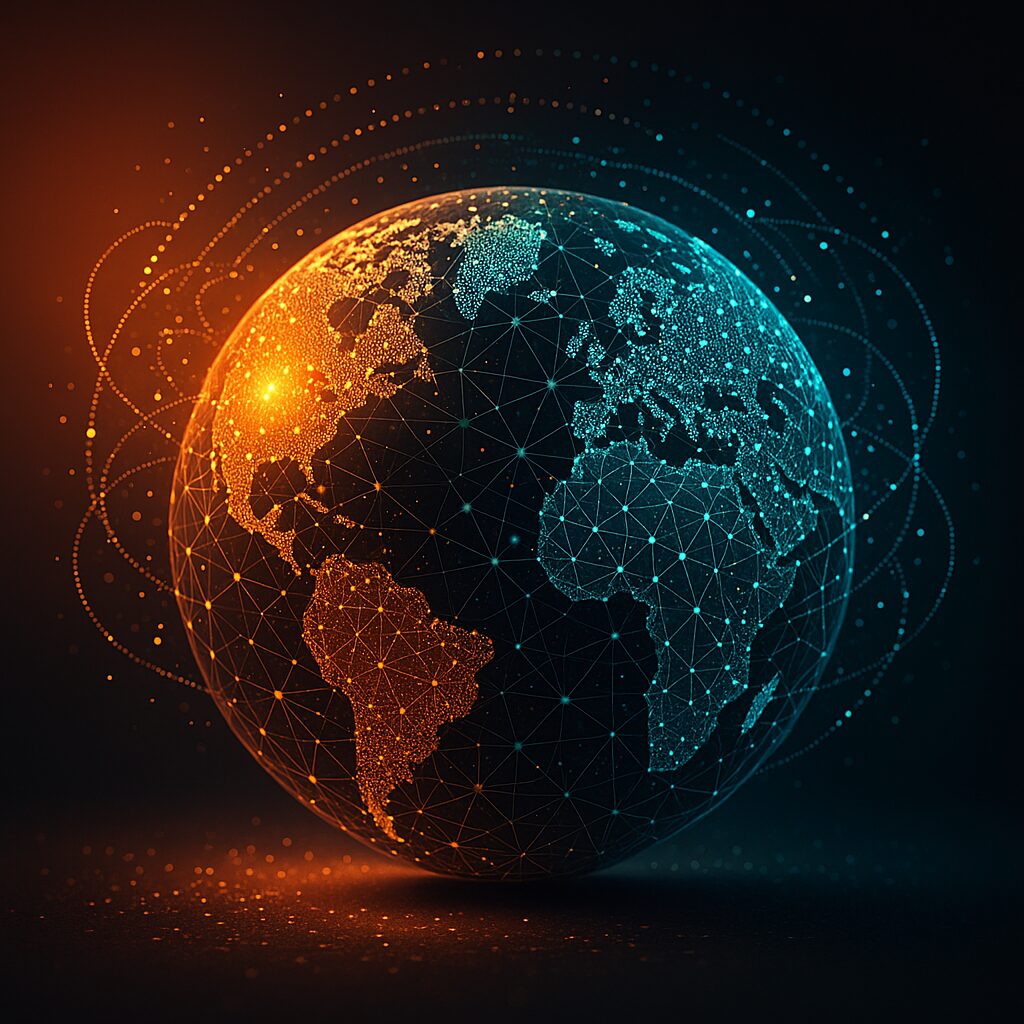 Conectividad global empresarial representada a través de un globo digital iluminado, simbolizando redes de Internet corporativo.