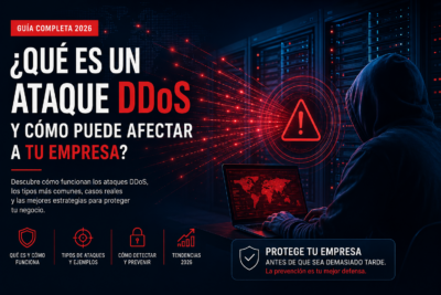 Ilustración corporativa de un ataque DDoS mostrando un hacker frente a servidores colapsados por tráfico malicioso y sistemas de ciberseguridad empresarial.