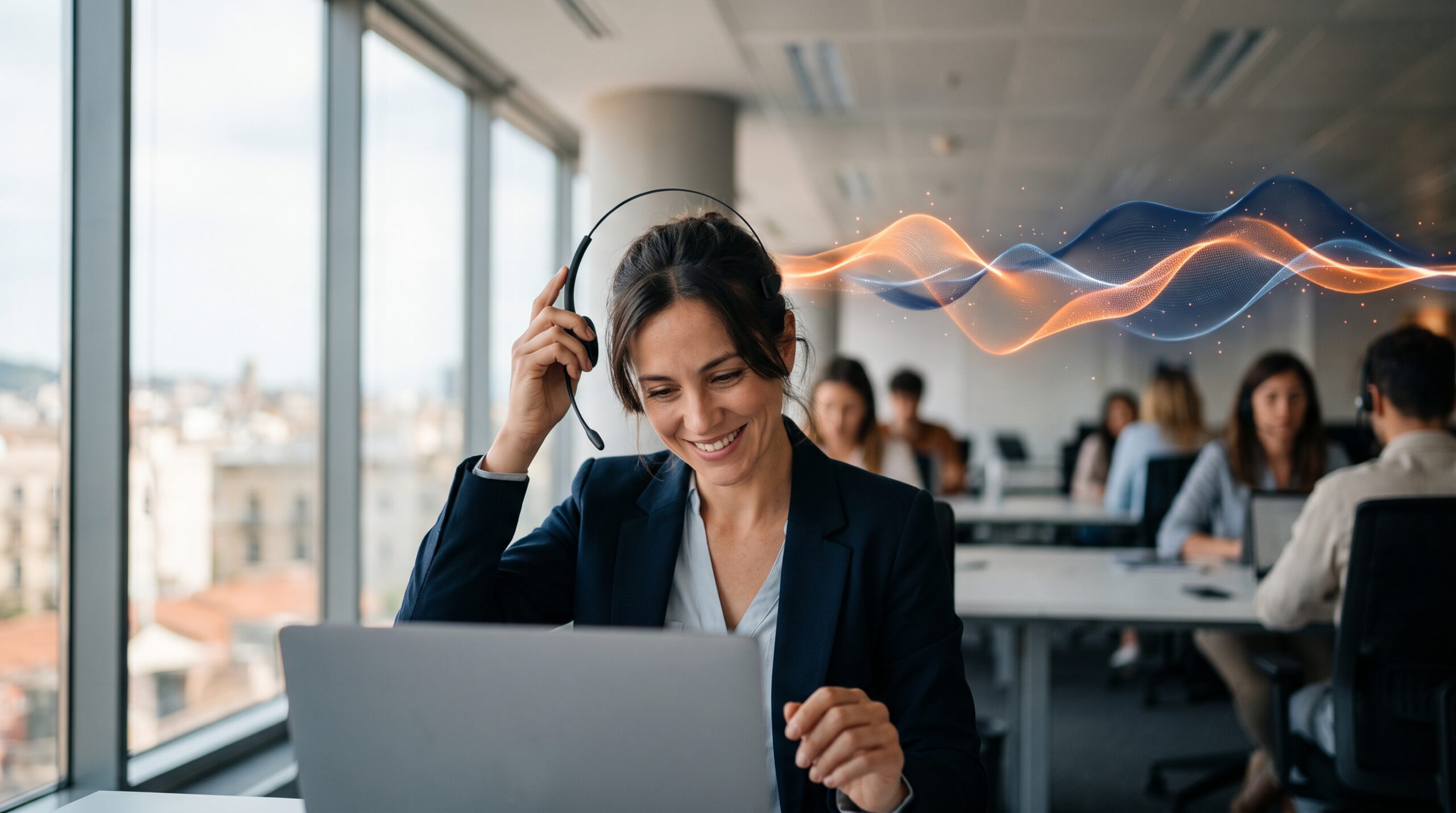 Agente de atención al cliente se quita los cascos mientras un agente de IA atiende las llamadas en un contact center