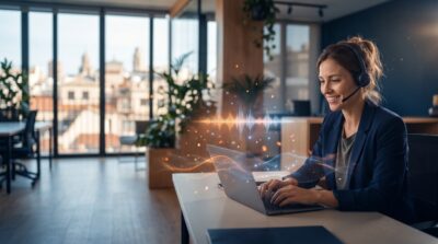 Asistente virtual telefónico con IA atendiendo llamadas junto a una recepcionista en una oficina de empresa