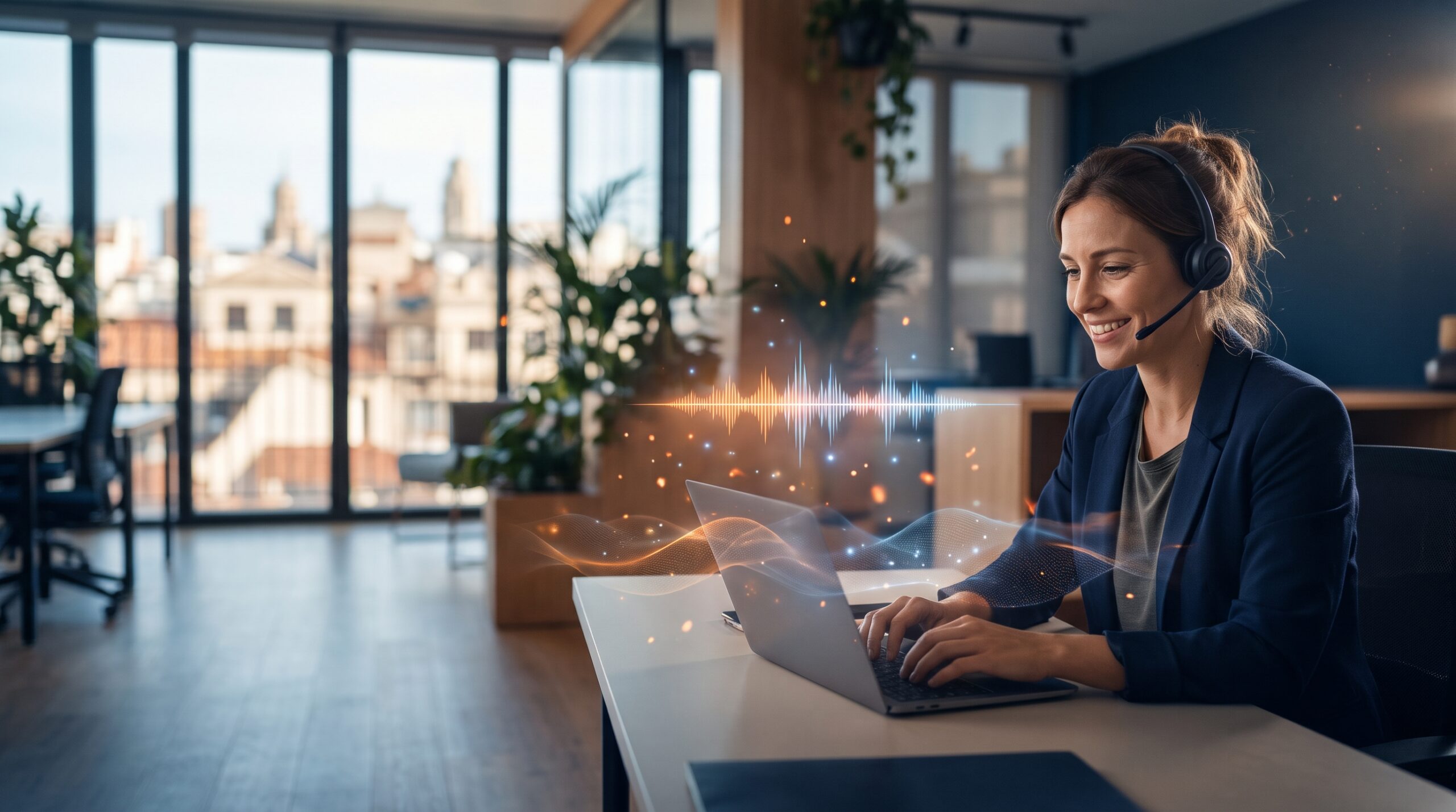 Asistente virtual telefónico con IA atendiendo llamadas junto a una recepcionista en una oficina de empresa