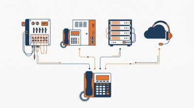 Ilustración de los cuatro tipos de centralita telefónica para empresas: analógica, digital, IP y virtual