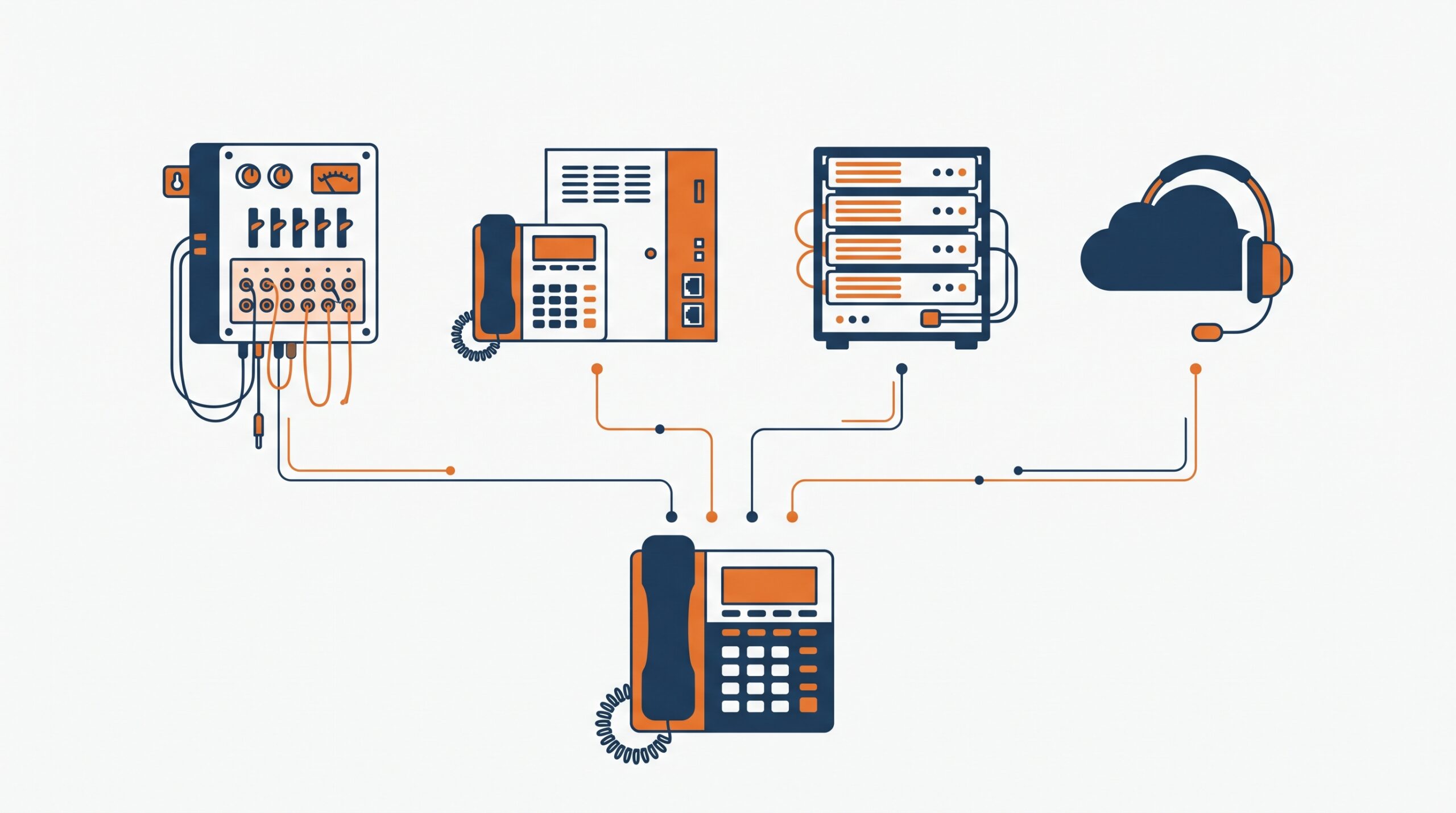 Ilustración de los cuatro tipos de centralita telefónica para empresas: analógica, digital, IP y virtual