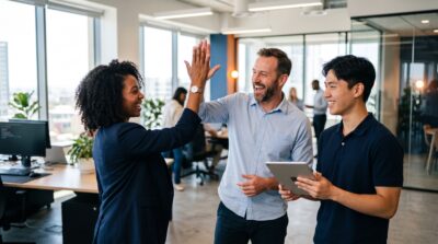 Equipo de ventas celebrando una llamada cerrada con éxito gracias a su centralita virtual