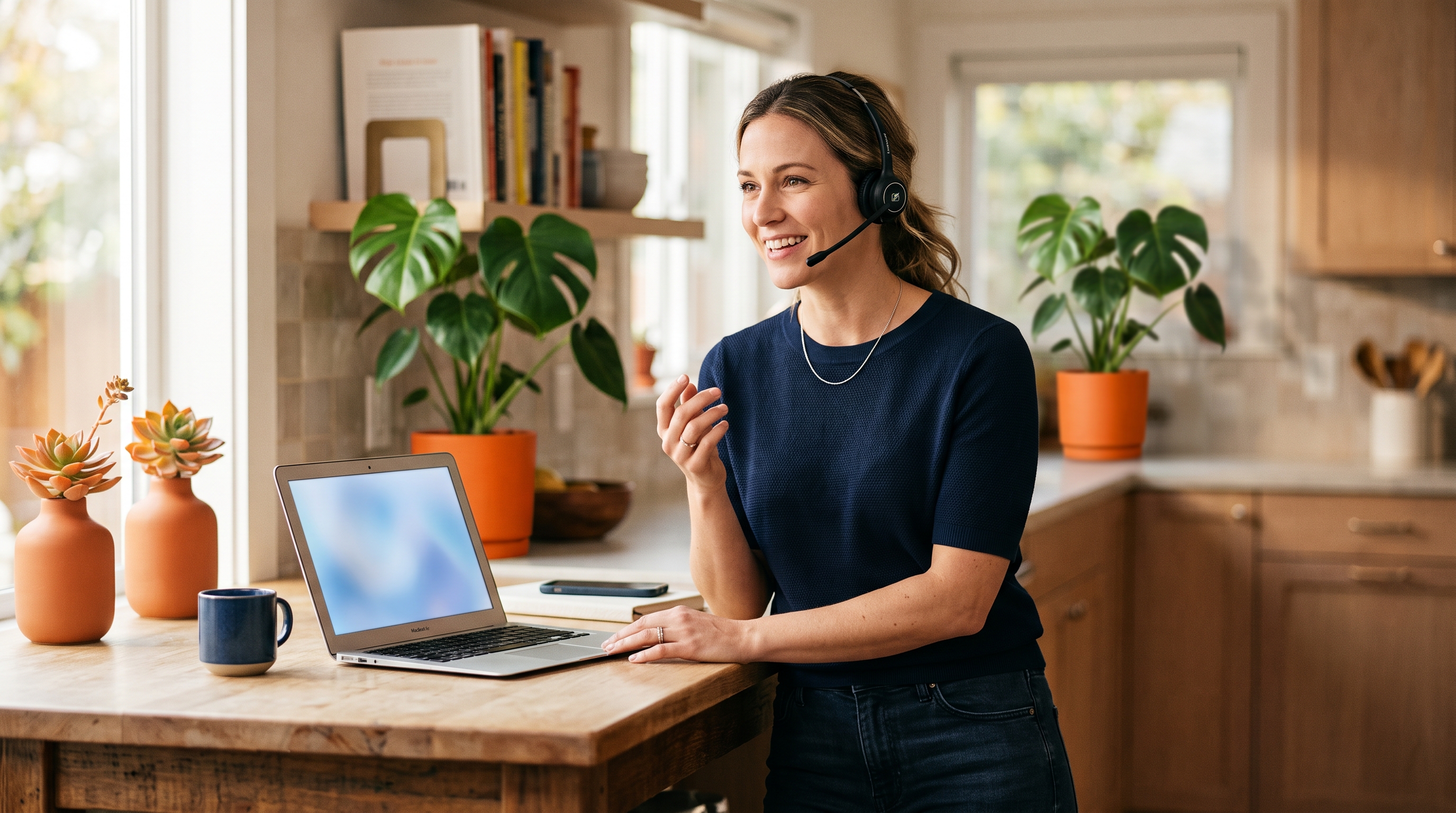 Comercial atendiendo una llamada desde casa con centralita virtual integrada en su portátil