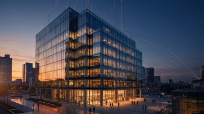 Fotografía de un edificio de oficinas corporativo al atardecer con líneas luminosas que lo conectan con otras sedes de la empresa