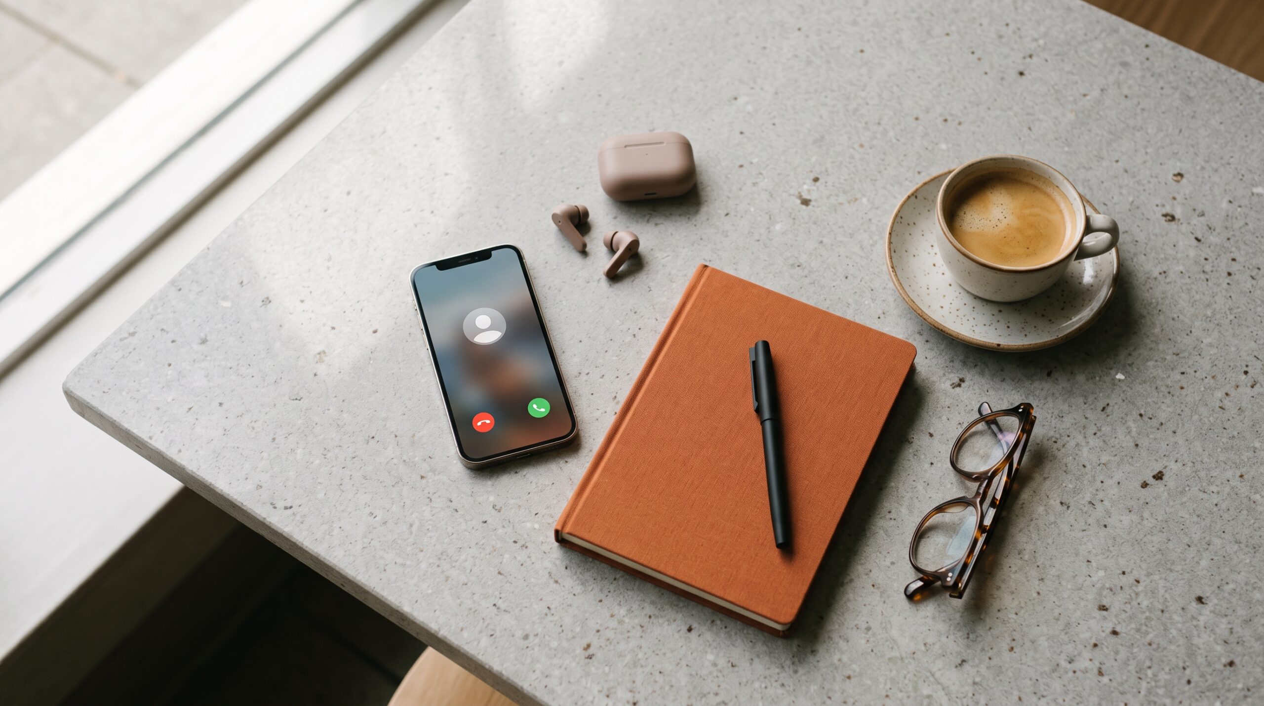Móvil con una llamada entrante sobre una mesa de cafetería junto a unos auriculares y una libreta