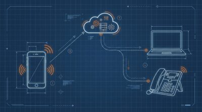 Esquema técnico del recorrido de una llamada desde un móvil a la nube y a los dispositivos de la empresa