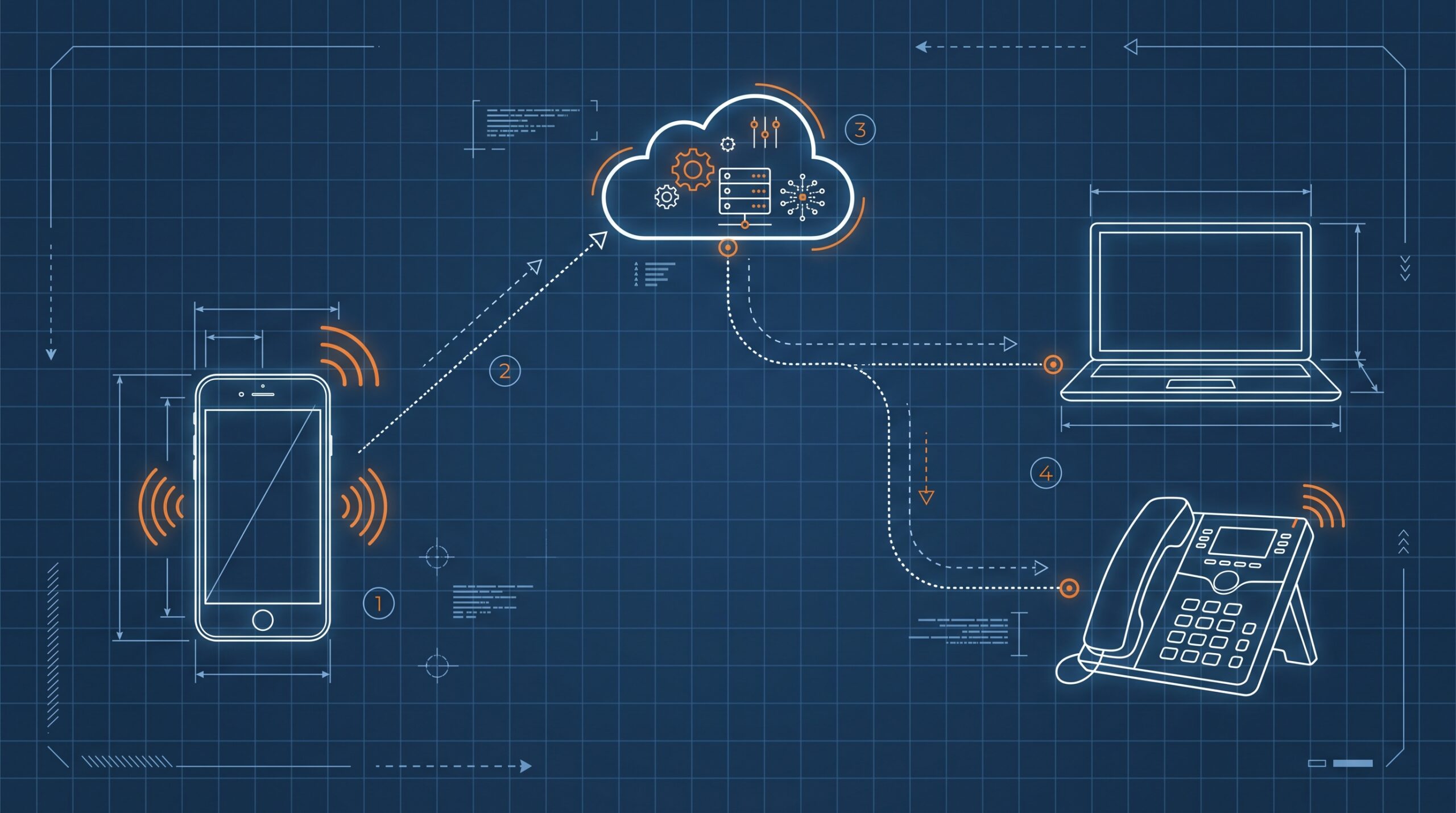 Esquema técnico del recorrido de una llamada desde un móvil a la nube y a los dispositivos de la empresa