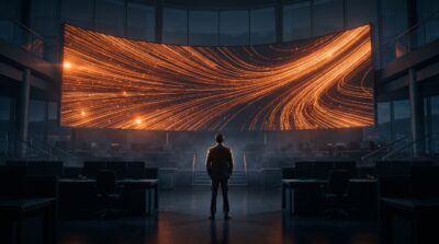 Consultor frente a un gran panel con flujos de llamadas luminosos en una sala de operaciones de contact center
