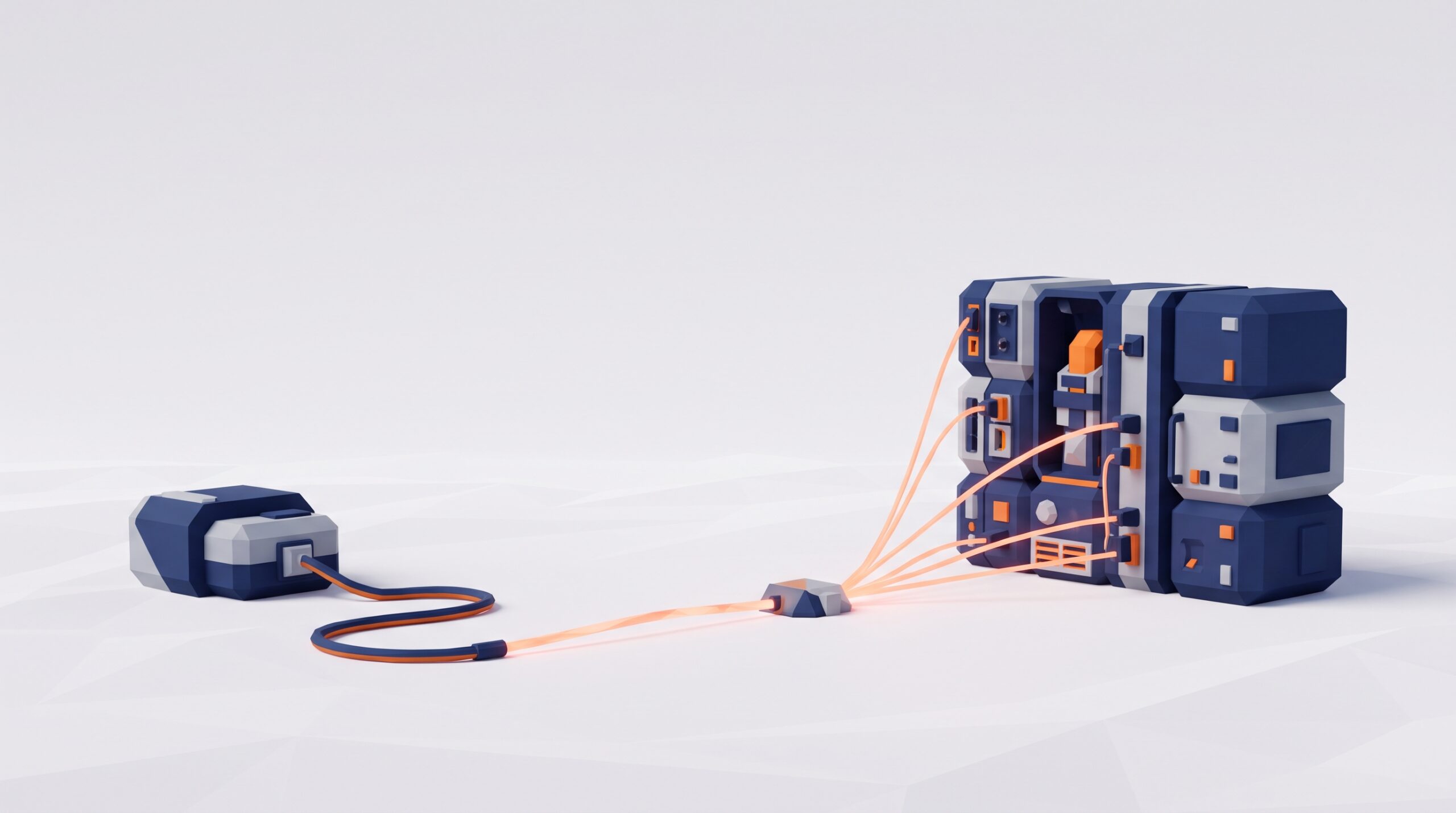 Render 3D de un módulo compacto con un solo cable junto a un rack modular de varias piezas conectadas