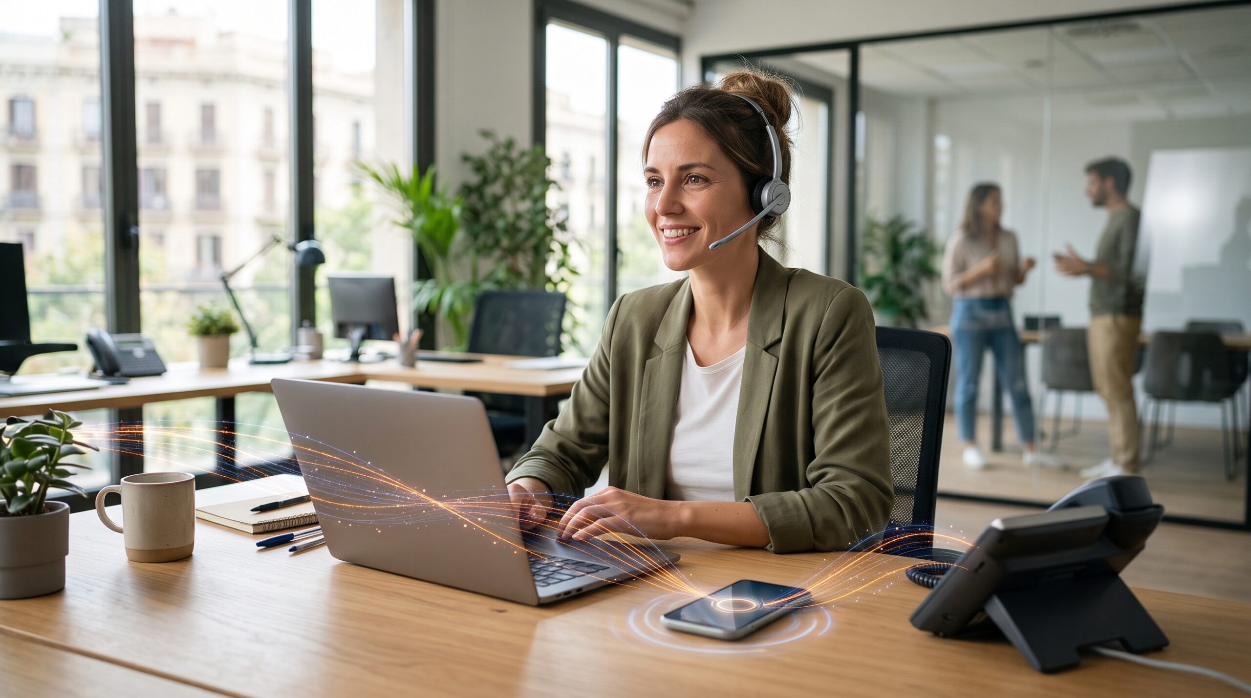 Profesional con auriculares hace una llamada desde el portátil con la telefonía integrada en Microsoft Teams